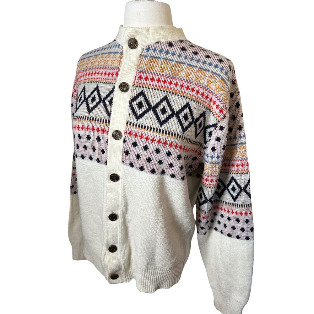 Vintage Fair Isle Knit Cardigan Sweater Nordic Cream Multi Geometric Medium